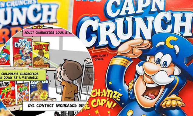 Hộp ngũ cốc Capn Crunch nhìn thẳng vào mắt trẻ nhỏ